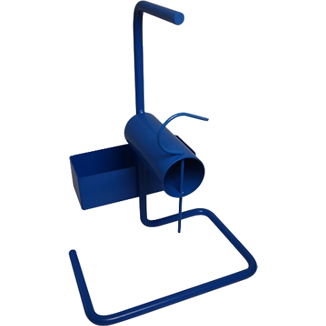 Soporte de cable de metal azul con base y soporte para un rollo.