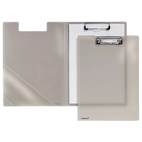 Classeur gris clair avec papier blanc, à côté d'un presse-papiers. Inscription : folderfun®.