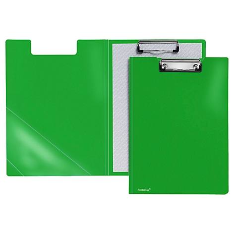 Ensemble de presse-papiers vert, ouvert. À droite, un presse-papiers avec une pince métallique est visible.