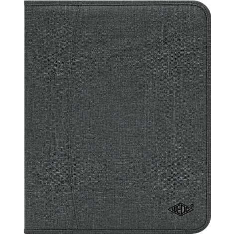 Classeur texturé gris foncé, couture diagonale, logo en bas à droite.
