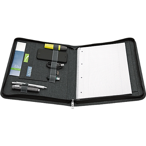 Mallette de documents noire, ouverte, avec stylos, téléphone portable, surligneur et bloc-notes.