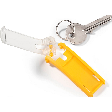 Porte-clés en plastique jaune et transparent avec clé.