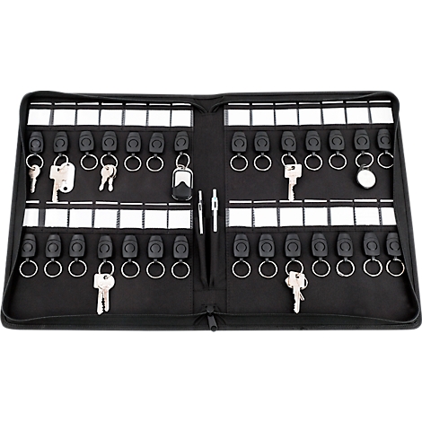 Porte-clés noir contenant plusieurs clés, dont une clé électronique et deux stylos.