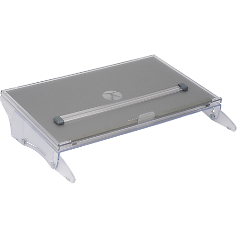 Étagère inclinée grise pour ordinateur portable en plastique avec deux pieds. Une bande argentée fixe l'ordinateur portable.