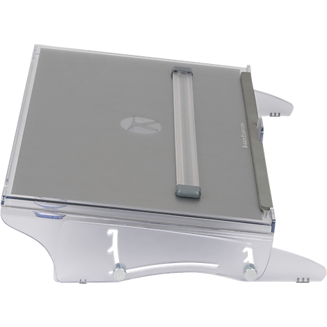 Support de documents en plastique gris incliné, avec barre argentée. Le pied est transparent.