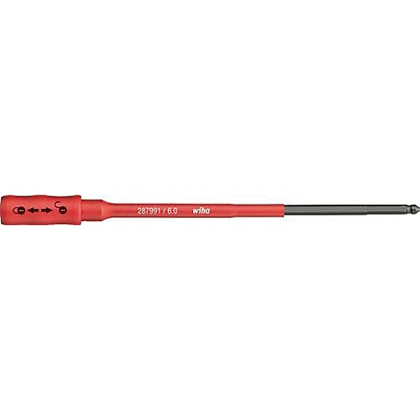 Tournevis rouge avec une pointe noire et inscription.