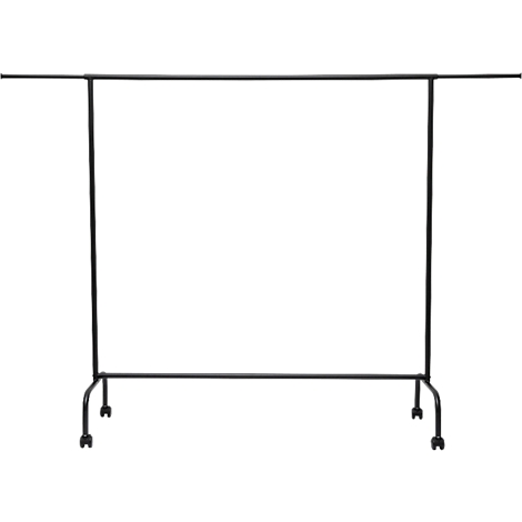 Porte-vêtements noir sur roulettes sur fond blanc.