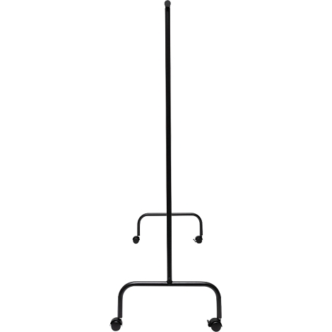 Porte-vêtements noir sur roulettes, isolé sur fond blanc.