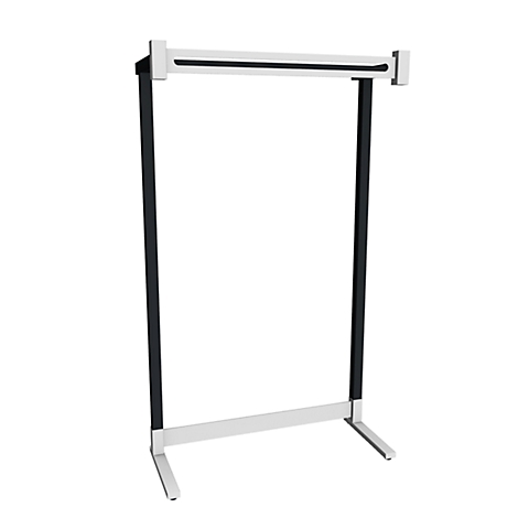 Porte-vêtements noir avec des touches de blanc. Construction verticale, rectangulaire pour les vêtements, isolé sur fond blanc.