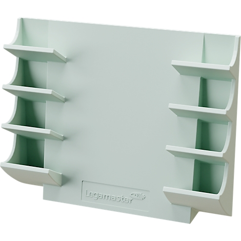 Étagère murale bleu clair avec cinq compartiments à gauche et cinq compartiments à droite. Le nom "Legamaster" est en relief en bas.