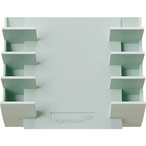 Organisateur mural vert clair avec plusieurs compartiments, logo Legamaster.