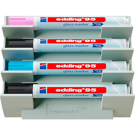 Un porte-stylos avec quatre marqueurs pour verre Edding 95 de différentes couleurs. Sur les stylos, on peut lire 'edding 95 glass marker'.