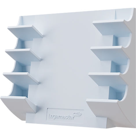 Étagère murale blanche avec plusieurs compartiments inclinés. "Legamaster" est écrit en bas.