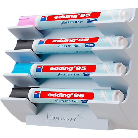 Marqueurs dans un support, texte "edding 95 glass marker", différentes couleurs.