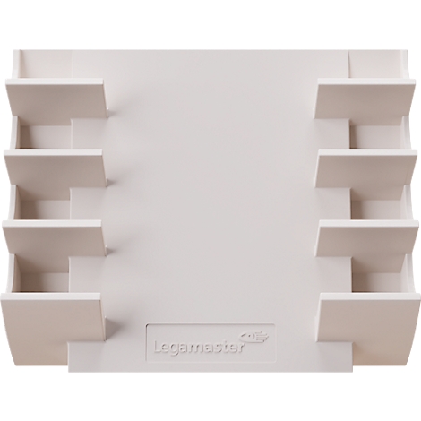 Système d'organisation de bureau blanc clair avec plusieurs petits compartiments, logo Legamaster.