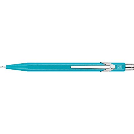Stylo à bille turquoise avec un clip argenté.