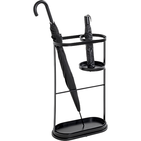 Porte-parapluie en métal noir avec deux parapluies.