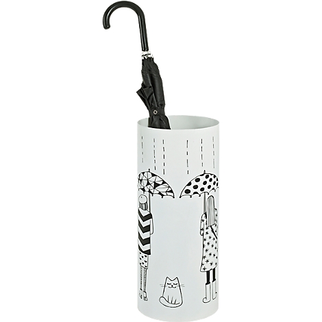 Porte-parapluie blanc avec des illustrations de personnes, de parapluies, de pluie et d'un chat.
