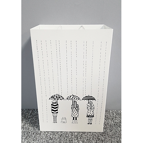 Poubelle blanche avec motif pluie : trois personnages sous des parapluies et un chat.