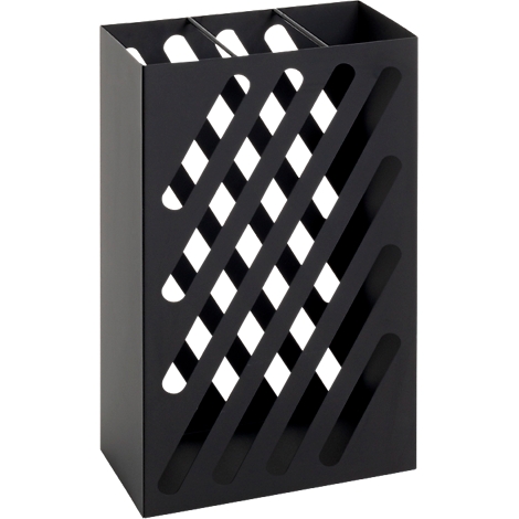 Porte-stylo noir avec découpes diagonales et trois compartiments.