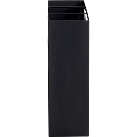 Porte-revues noir avec trois compartiments, d'une perspective oblique.