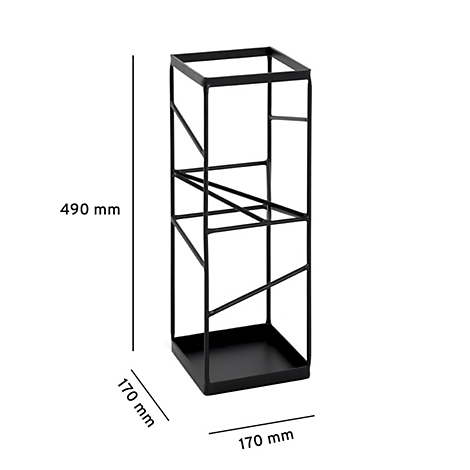 Étagère en métal noir de dimensions 170x170x490 mm. L'étagère a une base carrée et un design géométrique.