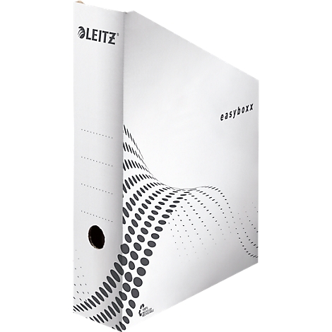 Classeur Leitz Easyboxx blanc, avec logo noir et motif décoratif.