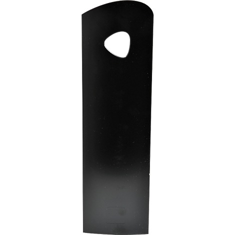 Une pièce métallique noire et rectangulaire avec des coins arrondis et un trou ovale en haut.