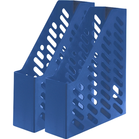 Trois porte-revues bleus et ouverts avec des fonds rectangulaires, le côté est perforé de trous oblongs.