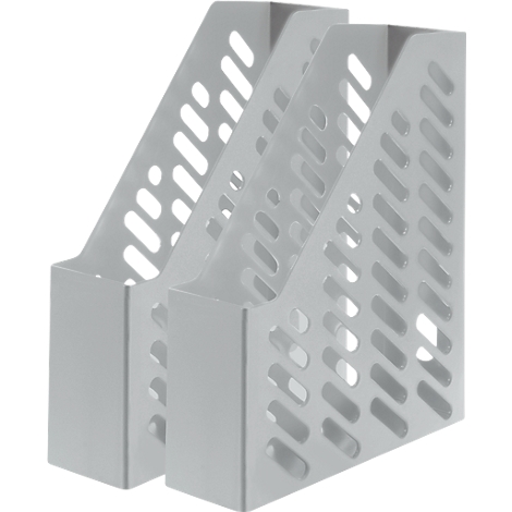 Trois porte-revues blancs, perforés, côte à côte.