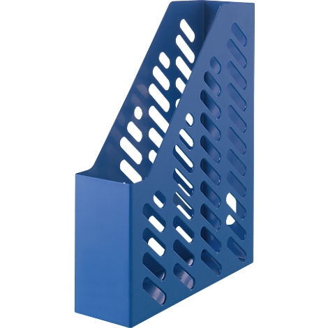 Porte-revues en métal bleu, debout, avec des trous.