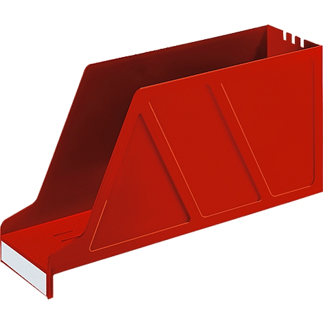 Support angulaire rouge avec un côté ouvert, sur une surface blanche. Formes géométriques.
