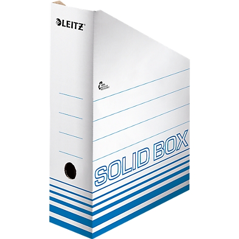 Boîte solide Leitz blanche, avec des lignes et des lettres bleues. Un trou noir pour saisir.