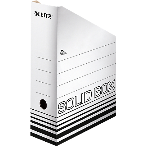 Boîte de classement blanche avec lettrage noir "SOLID BOX" et logo "LEITZ".