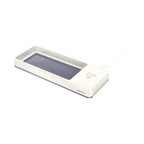 Lecteur de carte rectangulaire blanc avec un écran et un symbole radio.