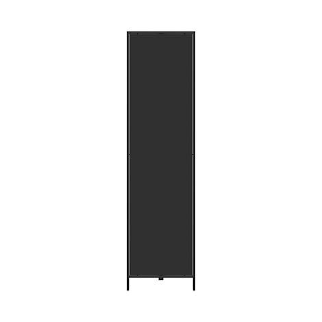 Étagère sombre, étroite et haute, debout sur un fond blanc.