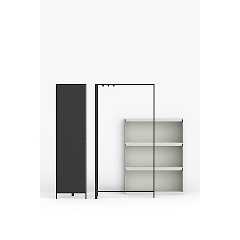 Trois meubles sur fond blanc : une armoire sombre, un portant et une étagère à trois niveaux.