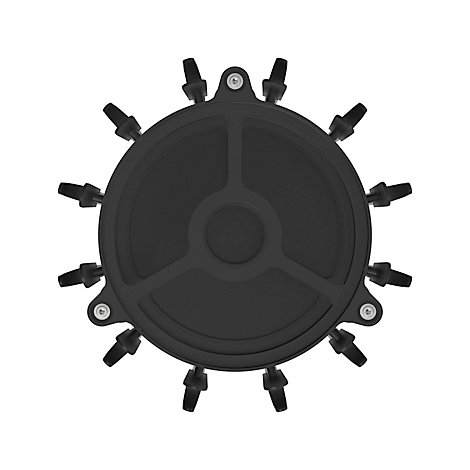 Objet gris foncé avec des éléments ronds et pointus sur fond blanc.