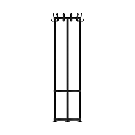 Portemanteau noir sur pied avec crochets. Il se compose de trois barres verticales avec une barre horizontale et des crochets.