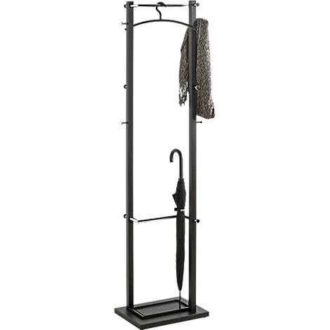 Porte-manteau noir avec parapluie et écharpe. Base rectangulaire, structure métallique. Parapluie dans le support, écharpe accrochée à une tringle.