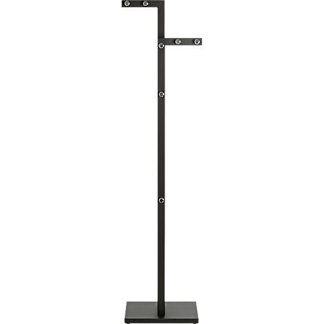 Portant noir autoportant avec base carrée, trois bras chacun fixés avec trois boutons.