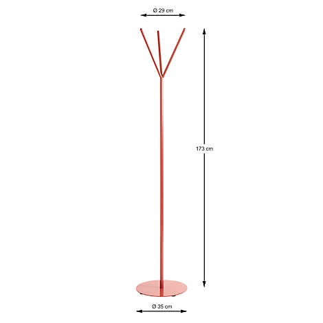 Porte-manteau rouge et minimaliste. Trois bras en haut, longue tige en dessous, debout sur une base ronde. Dimensions indiquées par des flèches.