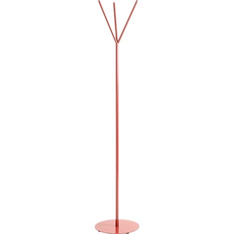 Porte-chapeau en métal rouge ; avec base ronde, tige droite et tête triple.