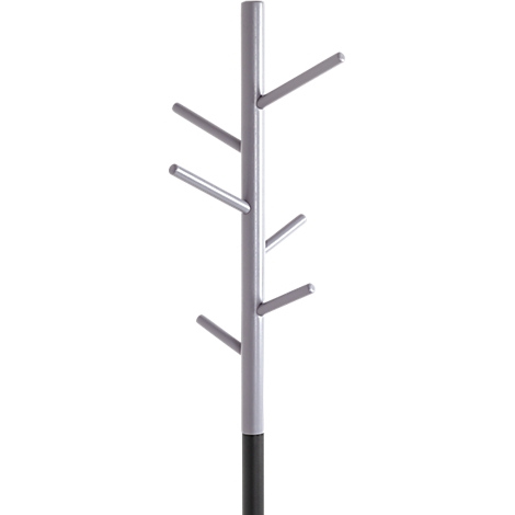 Porte-manteau gris et minimaliste avec socle noir. Plusieurs tiges sortent du support.