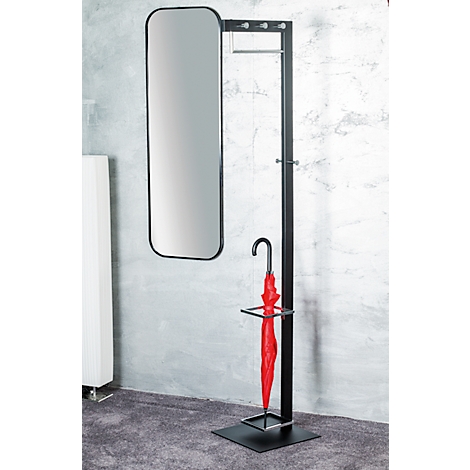 Porte-manteau noir avec miroir et parapluie rouge.