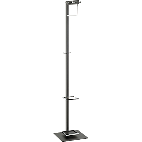 Distributeur de désinfectant sur pied noir avec base carrée et supports.
