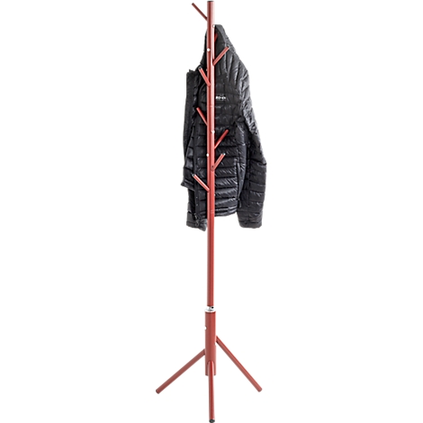 Portemanteau rouge, autoportant avec veste noire, sur fond blanc.