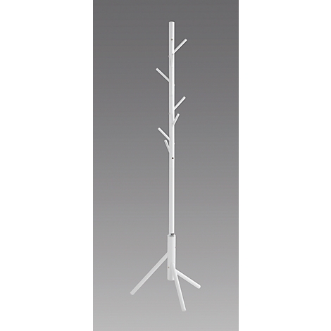 Porte-manteau blanc, autoportant, avec des crochets en forme de branches. Debout sur trois pieds, sur fond gris.