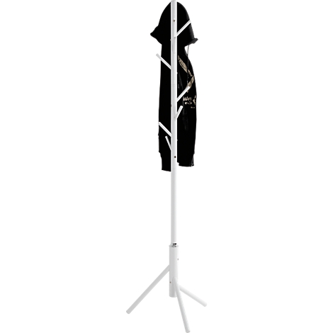 Porte-manteau blanc avec veste noire. Le support a une base à trois pieds et des bras pour les vêtements.