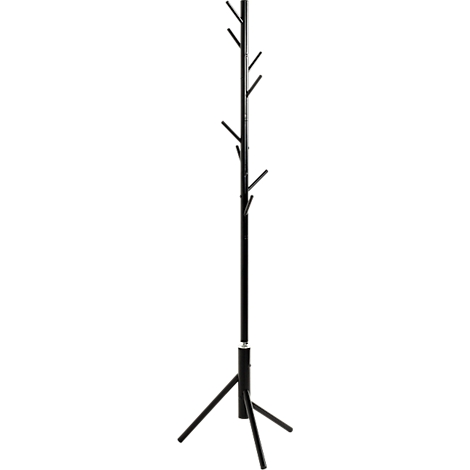 Porte-manteau noir en forme d'arbre. Une base à trois pieds supporte une longue et fine colonne avec des crochets latéraux.